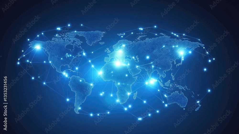 Poster abstract representation of a global network with illuminated connections over a world map on a dark 
