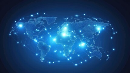Obraz premium Abstract representation of a global network with illuminated connections over a world map on a dark background