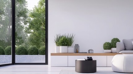 Modern Minimalist Living Room with Large Windows and Greenery