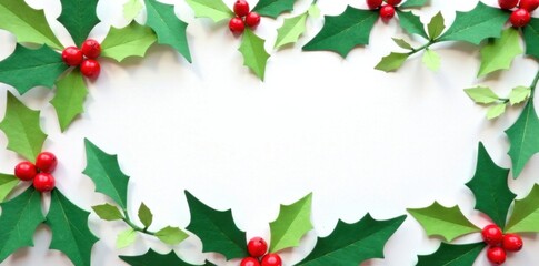 Naklejka premium Colorful paper cutout festive holly leaves and berries on white background , evergreen, icons, decoration