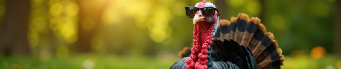 Fototapeta premium Cool turkey wearing trendy shades, posing with confident attitude, relaxing outdoors , confidence, animal