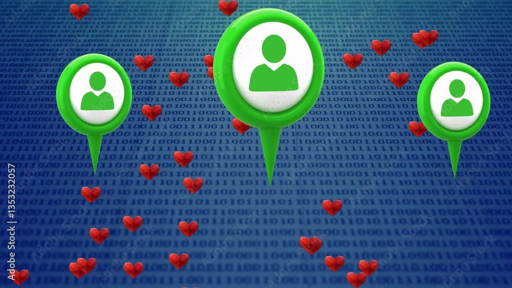 Poster animation of green location icons and red hearts over binary code background