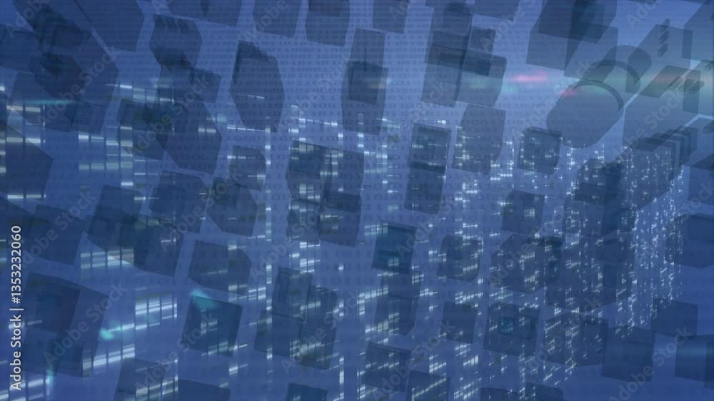 Aufkleber animation of digital data blocks floating over illuminated cityscape at night