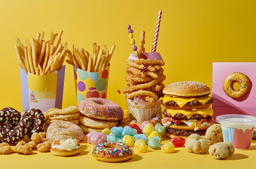 Assortment Of Unhealthy Foods On Yellow Backgrounds and containers for food display, various types of food arranged neatly, various colors and textures of food items, appealing