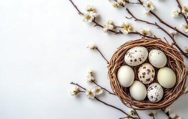 Collection of Quail and Chicken Eggs Nestled in a Natural Woven Basket Surrounded by Delicate Spring Blossoms on a Light Background