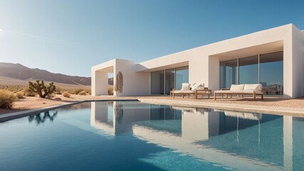 Fototapeta premium Luxurious desert oasis: Modern villa with pool reflecting serene sky