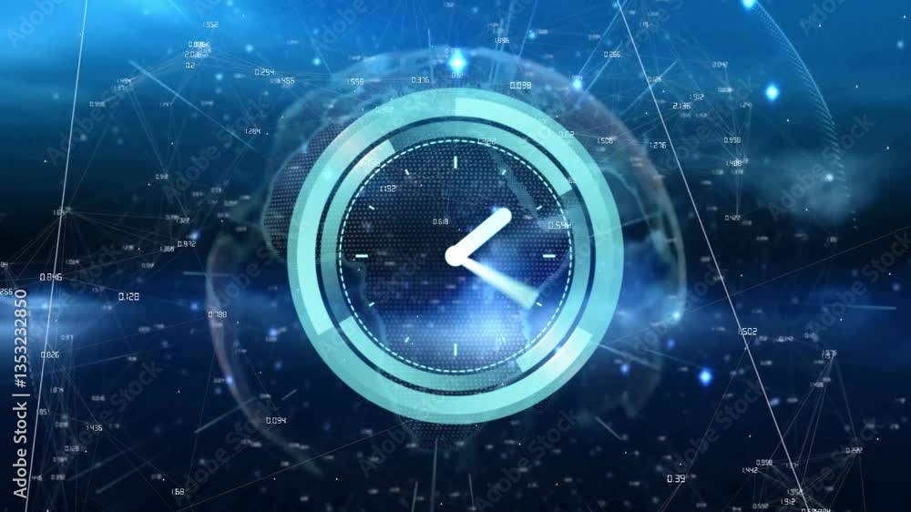 Poster futuristic clock animation with digital network connections and data points