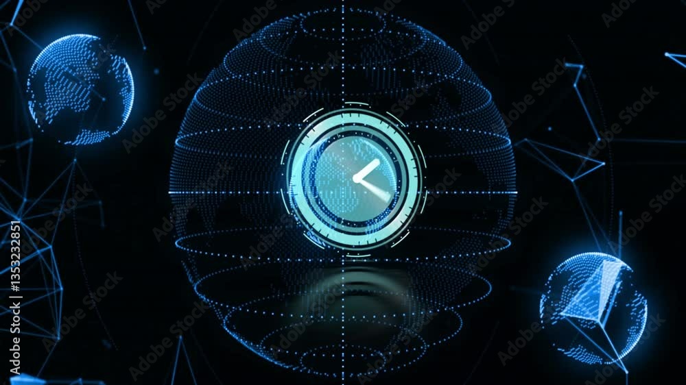 Poster digital clock animation over futuristic globe with blue grid lines