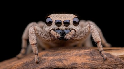 Close-up of a light beige jumping spider, with prominent triple eyes, on a brown log