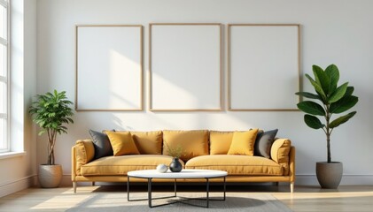 Fototapeta premium Empty photo frames on wall with modern furniture , , minimalist style