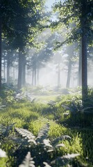 Sunlit Forest Path in Misty Woods