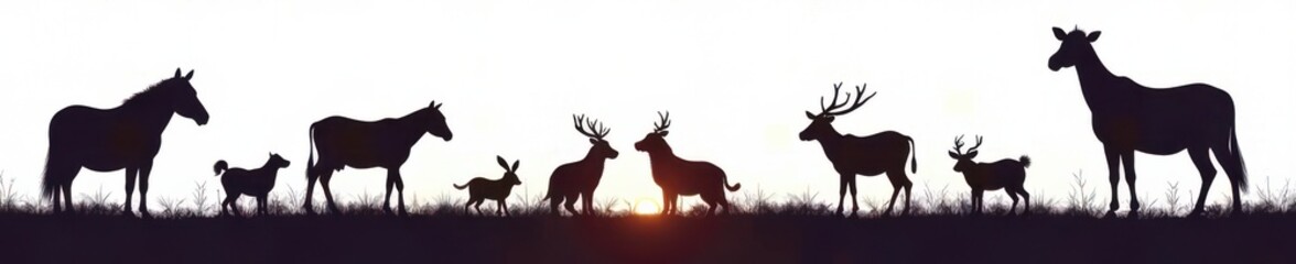 Fototapeta premium Farm Animals in Silhouette on White Background, countryside, silhouette