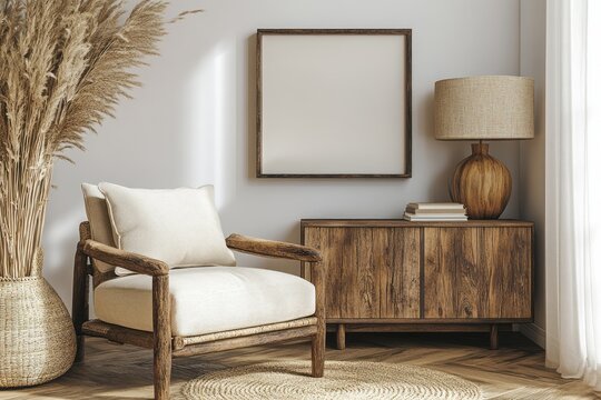 Rustic interior showcasing a woven chair and neutral art