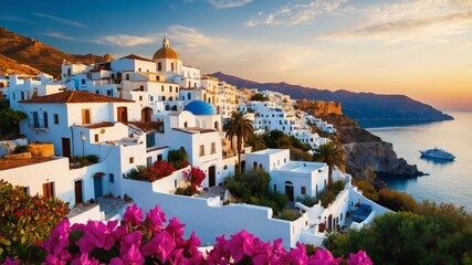 Fototapeta premium Charming coastal town in Greece featuring white architecture at sunset