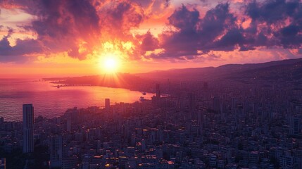 Beautiful sunset over a coastal city skyline during twilight hours