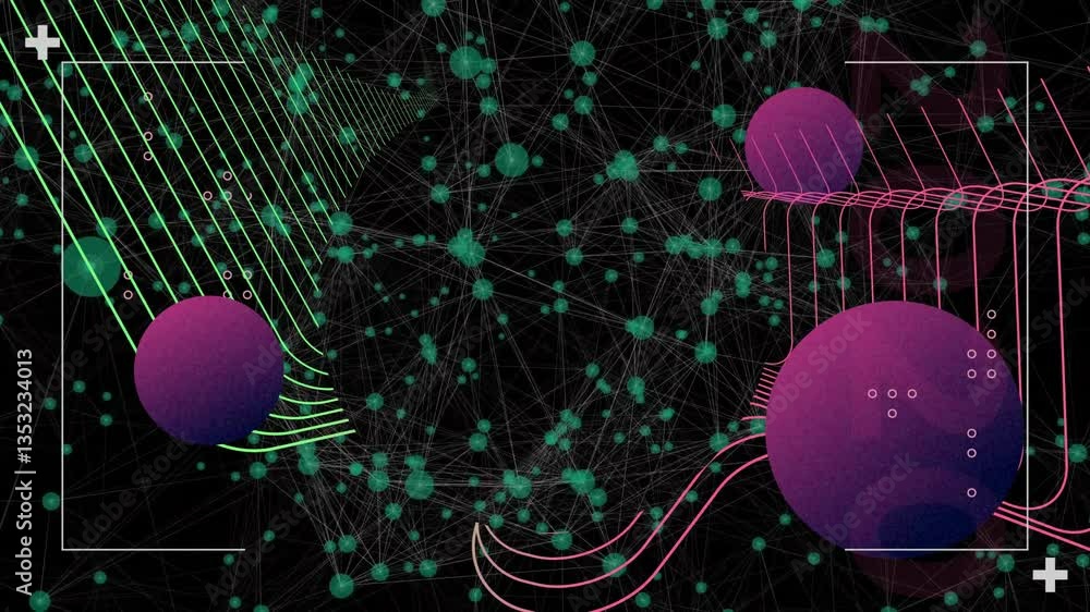 Poster colorful spheres and lines creating digital network animation over dark background