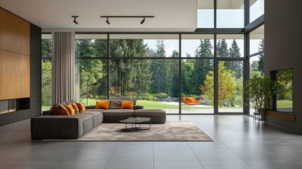 Modern Living Room with Large Windows and Scenic Outdoor View