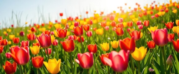 Fototapeta premium Vibrant tulips bloom in a sun-drenched spring meadow, Easter backdrop, bloom, seasonal, macro