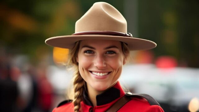 Beautiful smiling young female Canadian mounty looking at the camera