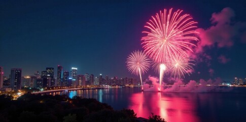 New Year countdown fireworks exploding in the night sky with a cityscape and bright colorful lights, sparkling lights, evening spectacle, fireworks display