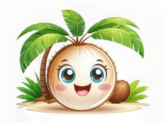Kawaii coconut character &ndash; smiling cartoon on beach with palm leaves. 