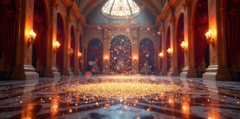 Naklejka premium Shimmering metallic dust falls on a grand ballroom, gold, festive, elegant