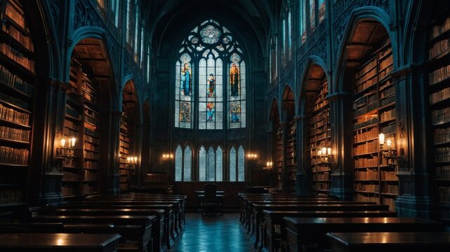 Ornate library interior with stained glass windows and historical architecture