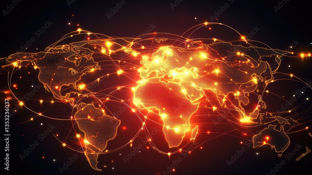 Poster a glowing world map illuminated with vibrant connections, showcasing global networks and digital int