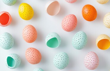 Colorful Decorative Easter Eggs with Cut-Out Patterns in Pastel Shades for Spring Celebrations and Festive Decorations, Isolated on White Background