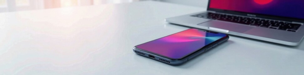 Smartphone and tablet next to a laptop on a minimalist background, digital, laptop, tablet
