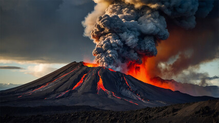 Majestic Eruption of a Volcano With Red Lava and Dark Smoke Plume