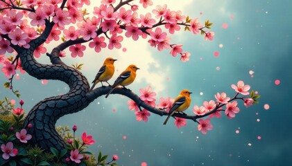 Swirling branches of a deciduous tree supporting a flock of songbirds amidst blooming blossoms, leafy branches, tree with curved branches, flowers