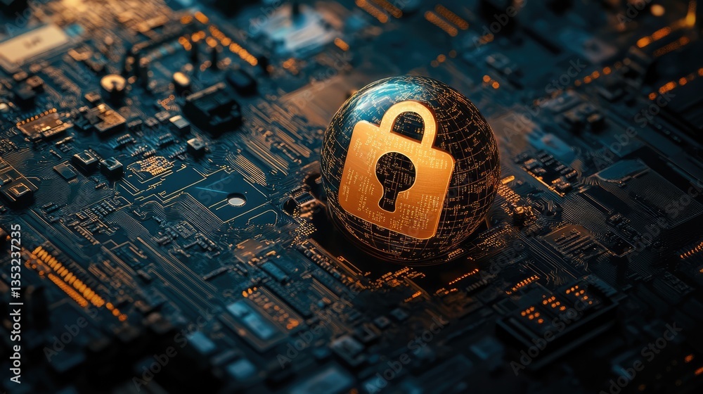 Poster a digital lock symbolizing cybersecurity on a circuit board, emphasizing technology and data protect