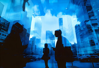 Cityscape Silhouette With Digital Effect And People Walking Down The Street With Abstract Patterns And Lines And Reflections And High Rise Buildings And Skyscrapers And A Crowd Of