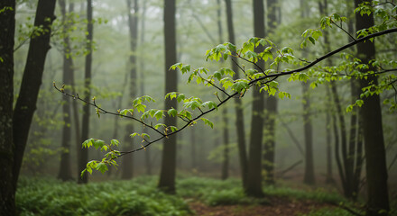 Leafy Branch in Foggy Forest with Natural Green Tones and Ferns