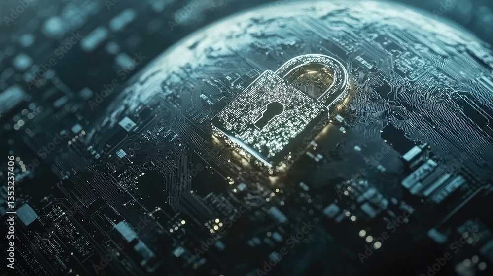 Aufkleber a digital lock symbolizing cybersecurity stands prominently on a circuit board, representing data pr