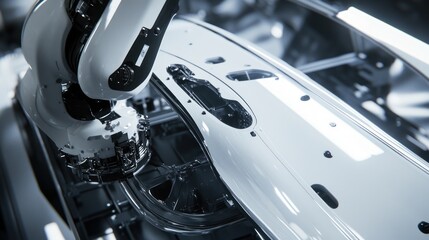 Robotic arm assembling a car component in a modern factory.