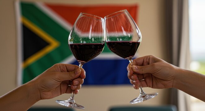 Celebrating Togetherness: A Toast with Wine Glasses Against the South African Flag