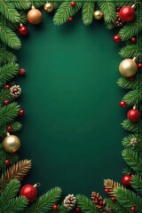 Christmas Tree Border with Coniferous Branches and Garland, snowy scene, holiday borders