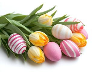 Colorful Easter Eggs and Fresh Tulips Arrangement for Spring Celebration, Featuring Decorative Painted Eggs and Vibrant Floral Elements
