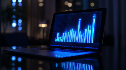 Close-up of a financial graph and stock market chart on a laptop screen, a business background with blue neon bar charts and an arrow rising in motion on a dark glass table.