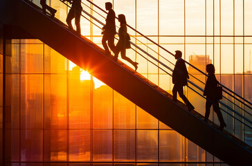 People On Escalator At Sunset City View