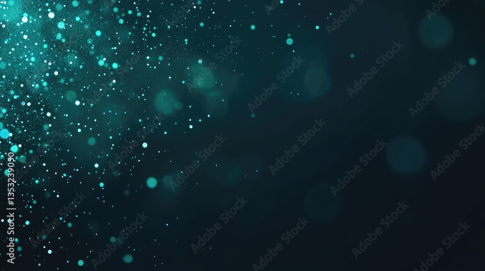 Poster abstract background with shimmering teal particles and soft bokeh effects, creating a dreamy atmosph