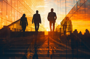 People Walking During Golden Hour Through City Buildings with Reflections and Shadows