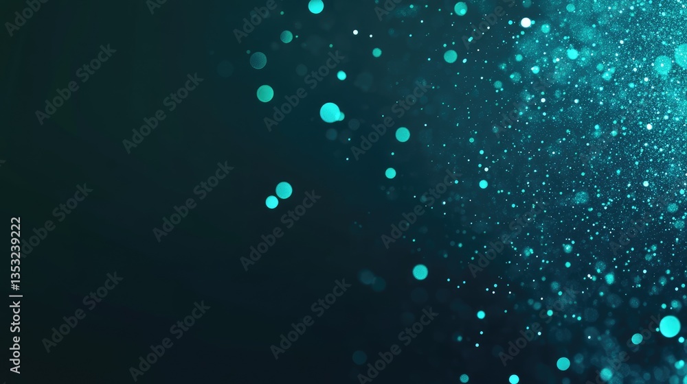 Poster abstract background with shimmering turquoise particles and bokeh effect, creating a sense of depth 