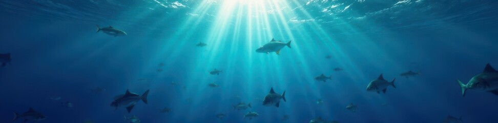 Fototapeta premium Dark blue ocean surface reflected in a school of fish, with sunlight shining through the water , sea, ocean