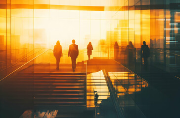 Fototapeta premium Silhouette Of Professionals Walking On Stairs At Sunset In A Modern Cityscape
