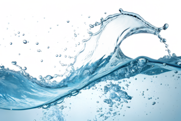 A refreshing wave of pure, sparkling water crests against a white backdrop, its translucent energy captured in a vibrant splash of cool blue tones.
