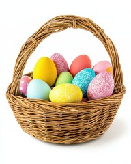 Colorful Easter Eggs Arranged Elegantly in a Woven Basket Perfect for Spring Celebrations and Holiday Decoration Ideas