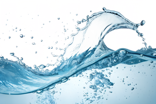 A refreshing wave of pure, sparkling water crests against a white backdrop, its translucent energy captured in a vibrant splash of cool blue tones.